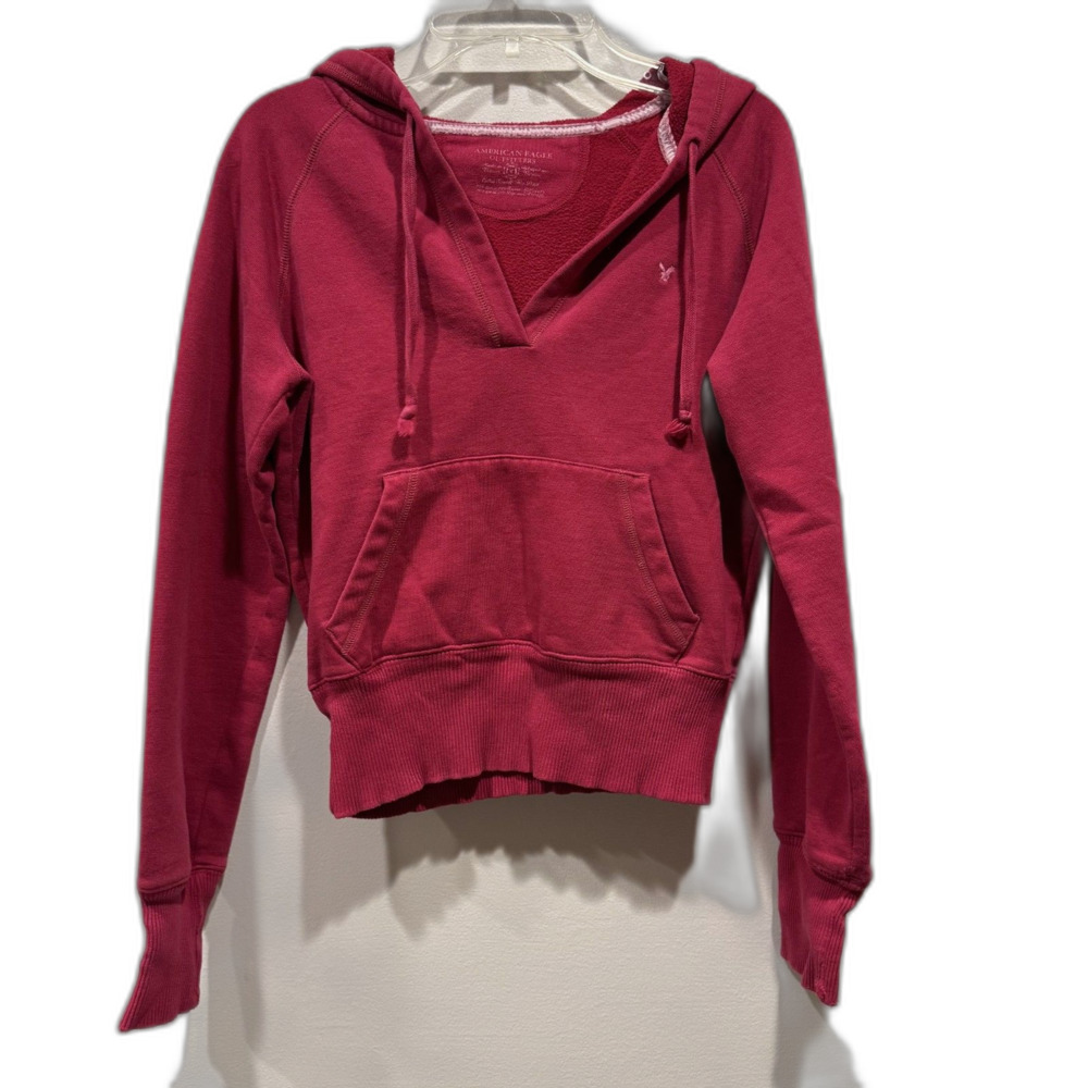 American Eagle Y2K Hoodie Fleece Pullover Burgundy Preppy Cropped Women Sz XS